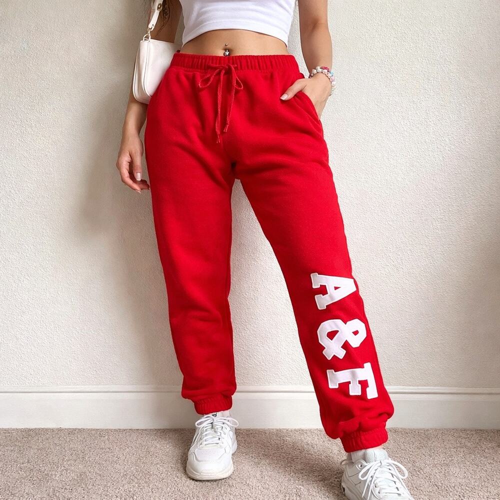 Abercrombie A&F Y2K Red Logo Jogger Sweatpants Fleece Cinched Athleisure Small